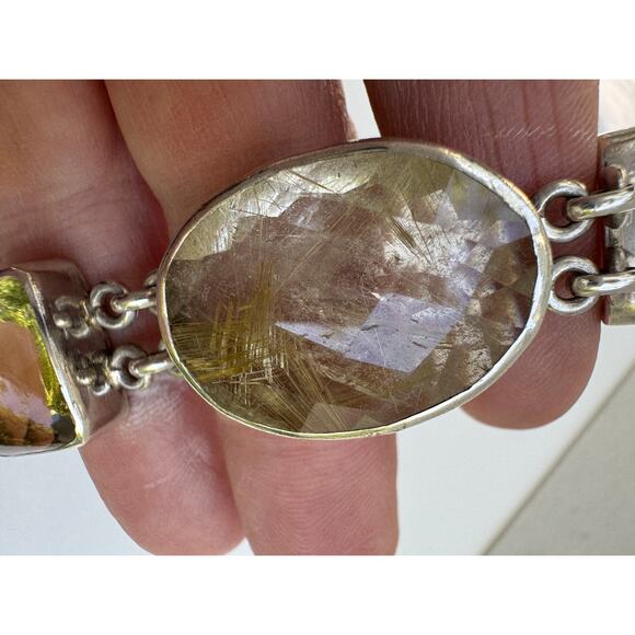 Golden Rutile Quartz Lemon Citrine Chain Link Sterling 925 Silver Bracelet - Picture 5 of 7